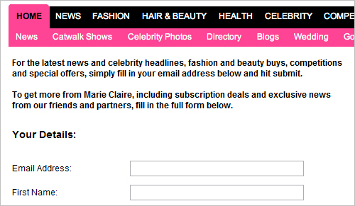 Marie Claire.co.uk newsletter subscription page