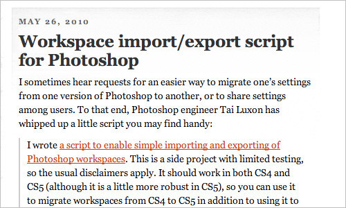 John Nack on Adobe: Workspace import/export script for Photoshop