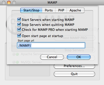 MAMP Start/Stop Screen